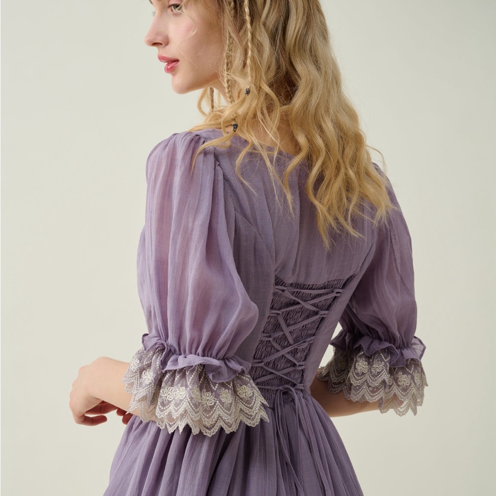 Lilac Vintage-Inspired Maxi Dress with Lace Trim Renaissance Fair Ren Fest - Picture 2 of 6